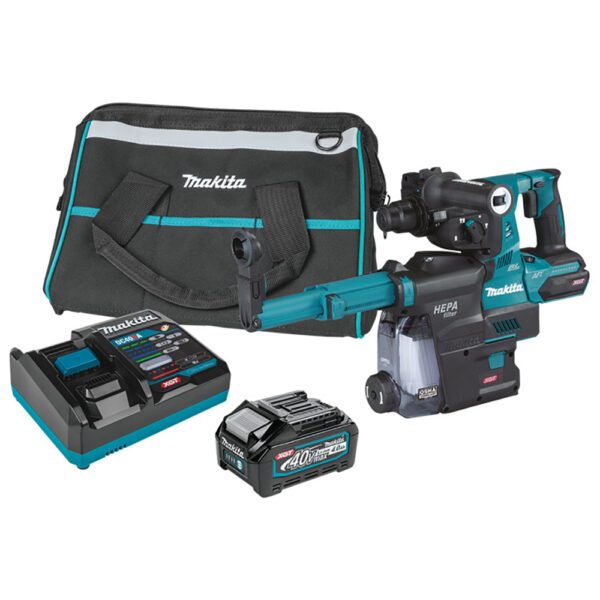 Makita GRH01M1W Kit de Martillo Rotativo SDS-PLUS AVT Inalámbrico Sin Escobillas de 1-1/8'' con Extractor de Polvo, AFT, Compatible con AWS 40V max XGT (4.0Ah)