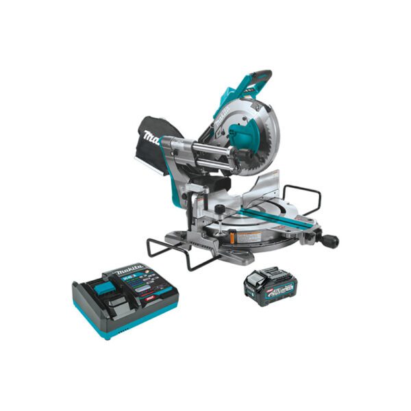 Makita GSL03M1 Kit de Sierra Ingletadora Compuesta Deslizante de Doble Bisel Inalámbrica Sin Escobillas de 10'', Compatible con AWS 40V max XGT (4.0Ah)
