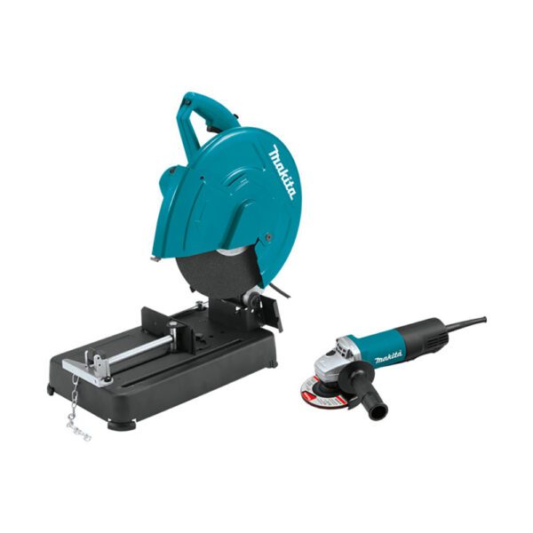 Makita LW1401X2 Sierra de Corte de 14'' con Cable y Amoladora Angular con Interruptor de Paleta de 4-1/2''