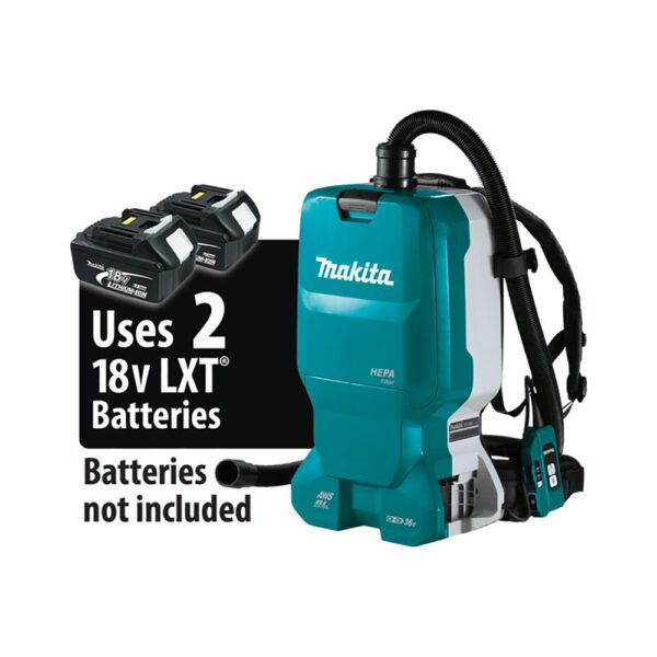 Makita XCV18ZX Extractor de Polvo Seco de Mochila con Filtro HEPA Sin Escobillas 36V (18V X2) LXT, Compatible con AWS, Solo Herramienta