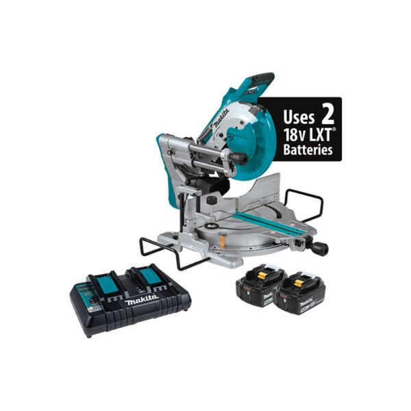 Makita XSL06PT Kit de Sierra Ingletadora Compuesta Deslizante Dual-Bevel Sin Escobillas de 10'' 36V (18V X2) LXT con Láser (5.0Ah)