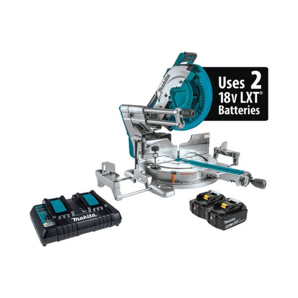 Makita XSL08PT Kit de Sierra Ingletadora Compuesta Deslizante Dual-Bevel Sin Escobillas de 12'' 36V (18V X2) LXT, AWS y Láser (5.0Ah)