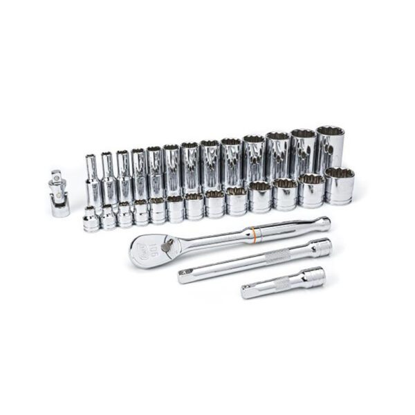 80568 GearWrench Juego de Herramientas de Mecanico SAE Estandar y Profundo de 12 Puntos con Impulsor de 3/8'' de 30 Piezas