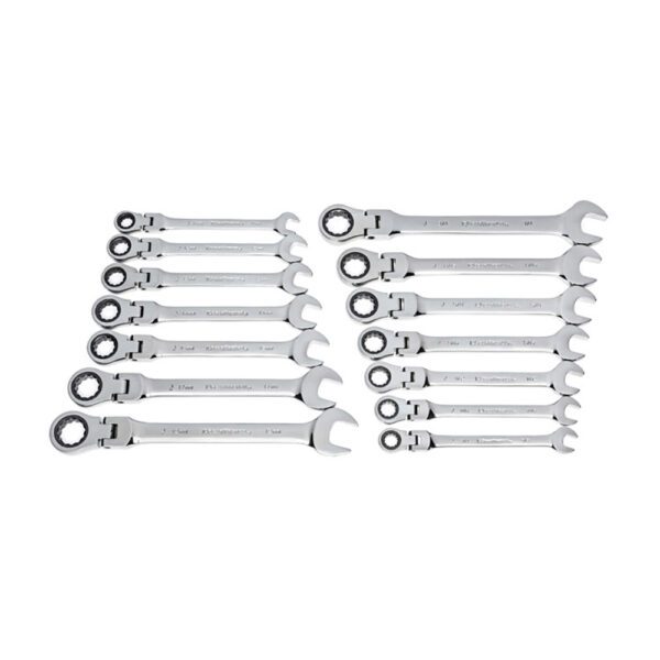 85141 GearWrench Juego de Llaves Combinadas de Trinquete de 12 Puntos y Cabezal Flexible, Métricas/SAE, de 14 Piezas